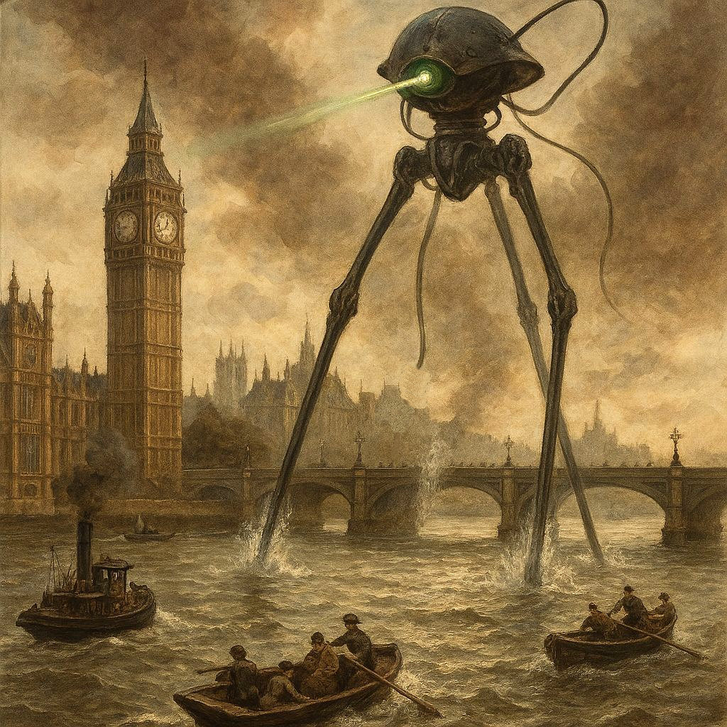 Alien tripod stands over the tower that holds Big Ben and attacks boats trying to escape. This is a Copilot-created image.