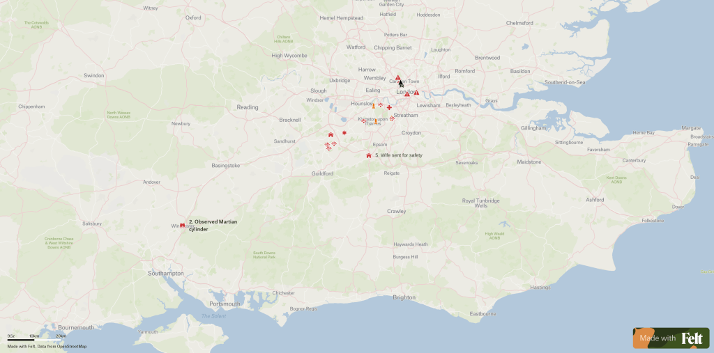 Overview map of southern England showing where the action takes places in HG Wells War of the Worlds.