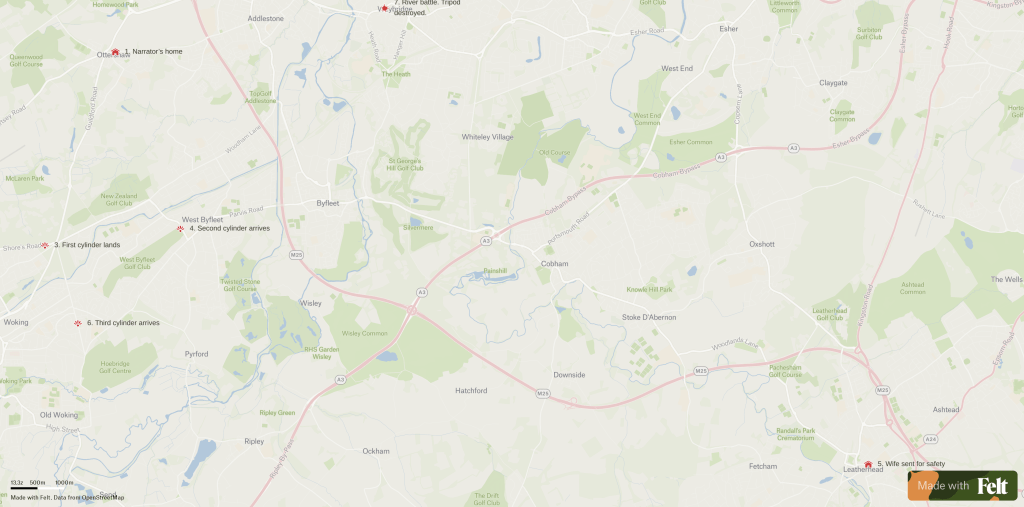 Map of Surrey showing where the action starts in HG Wells War of the Worlds.