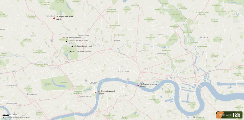 Map of central London showing alien activity and downfall in HG Wells War of the Worlds