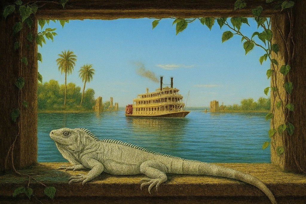 AI created view looking out of Kerans Ritz window onto a flooded lagoon. Strangman’s paddle boat is on the water and there’s a white iguana on the window ledge.
