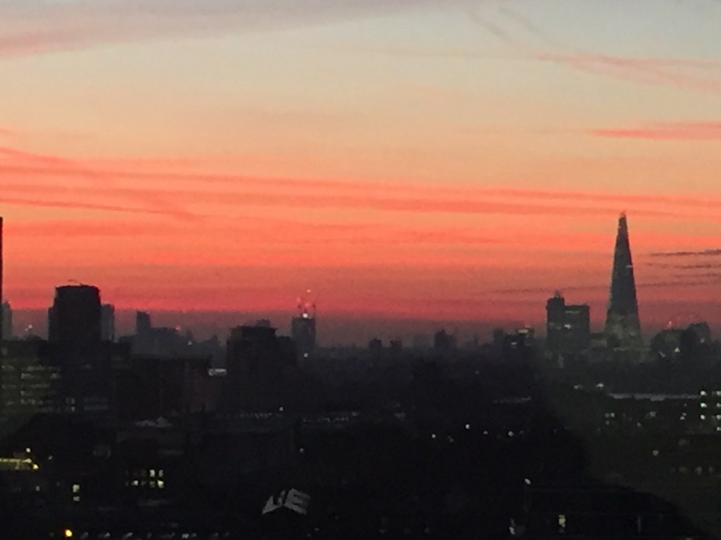 London skyline with red sunset in January 2017