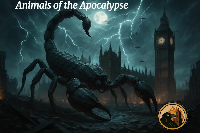 Giant scorpion in front of London’s Big Ben with lightning and cloudy sky