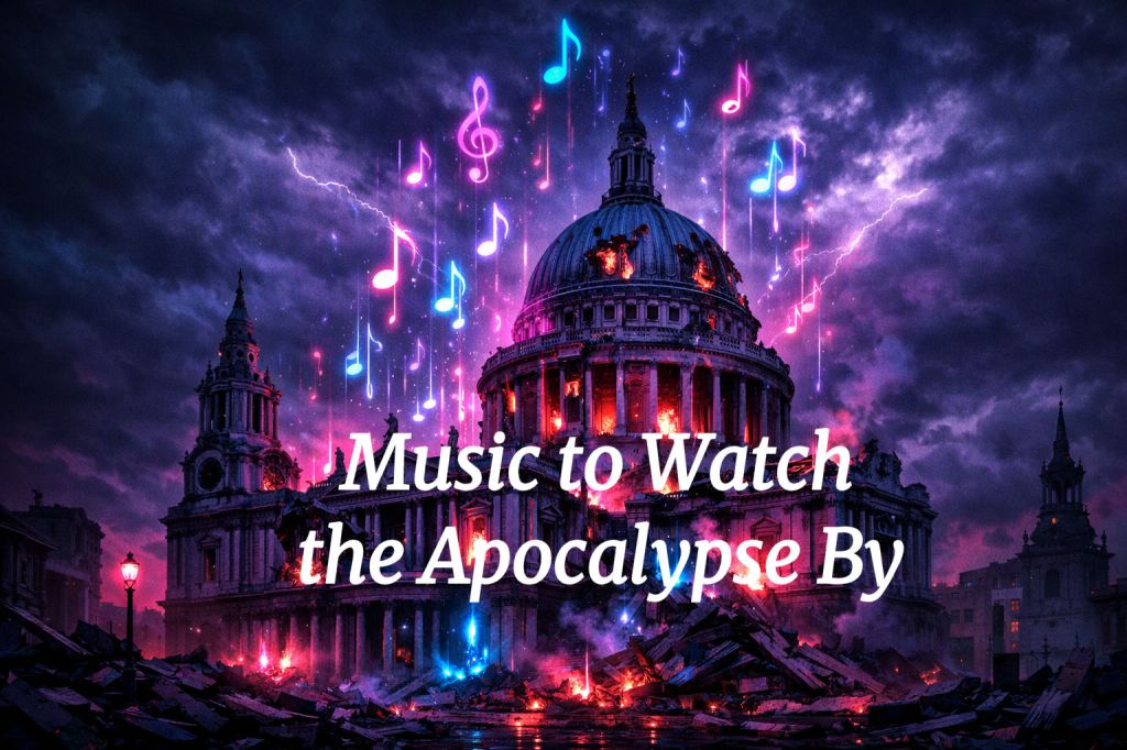 Cathedral engulfed in flames with neon musical notes and lightning in a dark sky