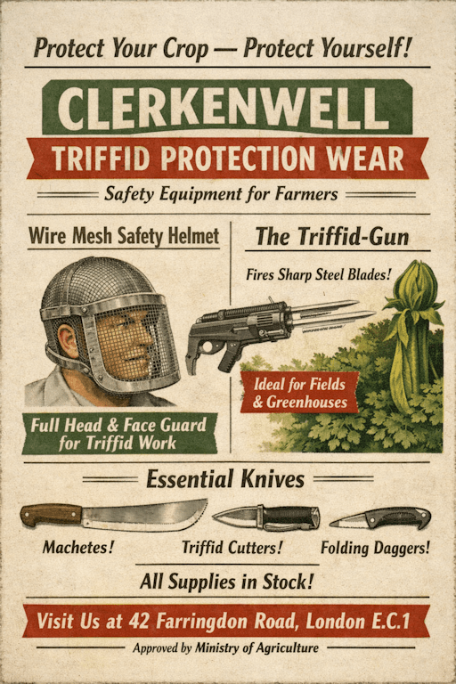 An advertisement for the triffid supply shop in Clerkenwell, London.
