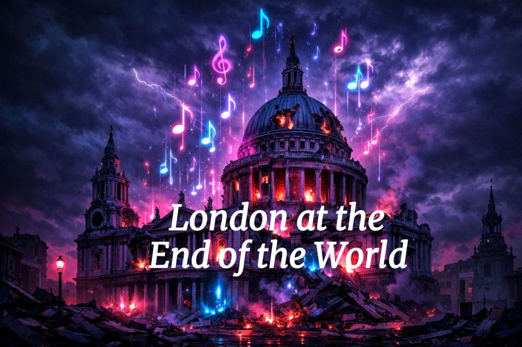 Cathedral engulfed in flames with neon musical notes and lightning in a dark sky