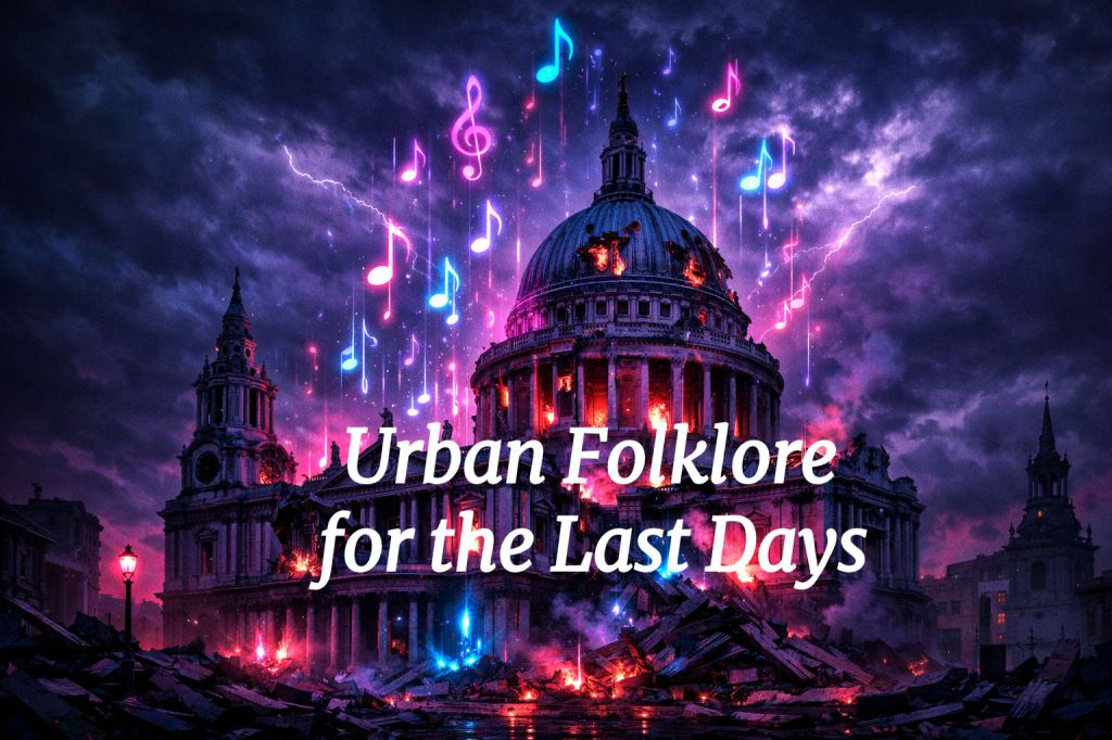 Cathedral engulfed in flames with neon musical notes and lightning in a dark sky