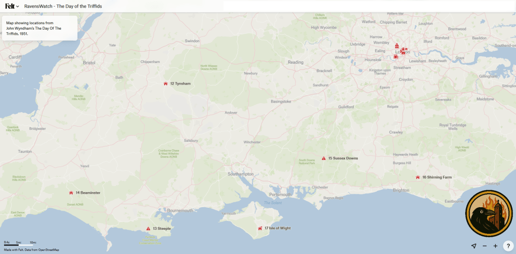 Overview map of southern England showing where the action takes place in John Wyndham's The Day of the Triffids.
