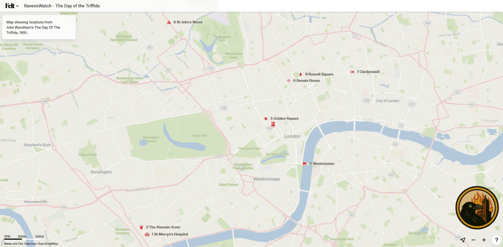 Overview map of London showing the journey taken by the characters in John Wyndham's The Day of the Triffids.