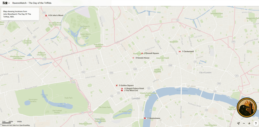 Map of central London showing the route taken by the characters in John Wyndham's The Day of the Triffids.
