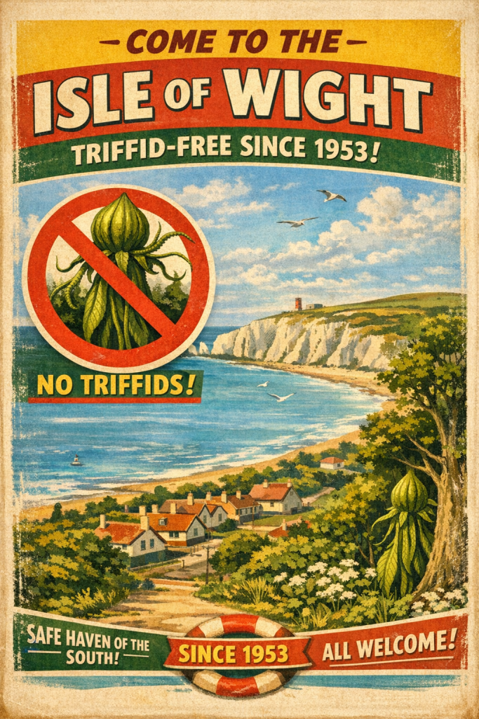 1950s-style poster promoting the Isle of Wight community, declared triffid-free since 1953, with a no-entry triffid symbol.