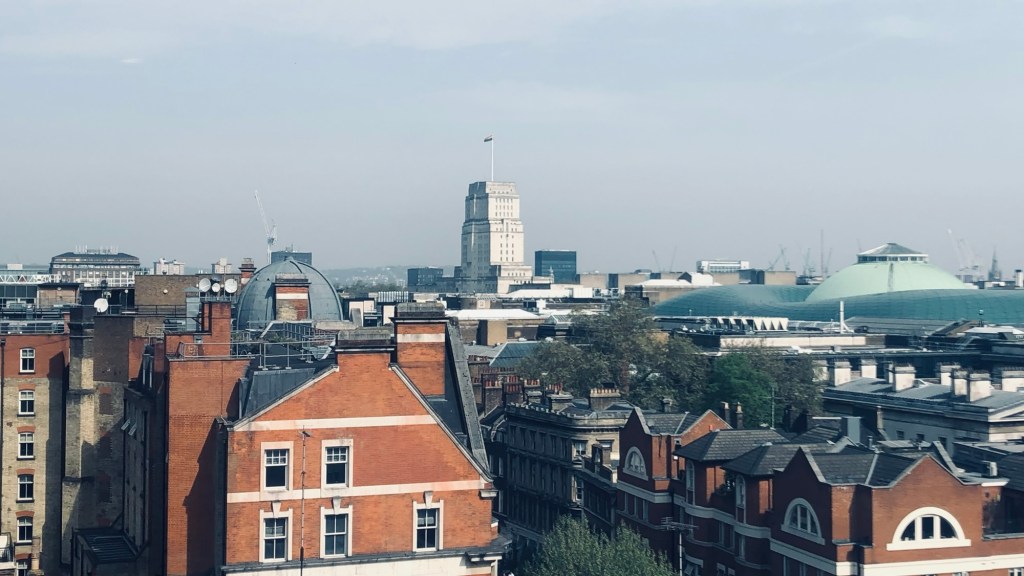 University of London's Senate House towering over Bloomsbury, with the roof of the British Museum visible.