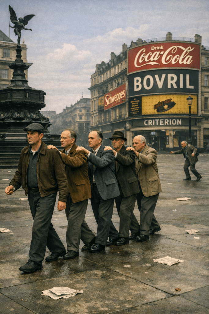 1950s Piccadilly Circus nearly empty, a man leading a line of blind men with eyes uncovered, and a lone figure stumbling in the background.