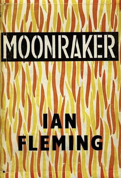 Original 1950s cover of Moonraker by Ian Fleming, featuring an abstract pattern of orange and yellow flame‑like shapes with the title in a black box and the author’s name below.