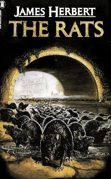 Classic horror book cover showing the sewers of London full of rats in The Rats by James Herbert