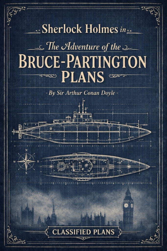 Book cover for Sherlock Holmes in The Adventure of the Bruce‑Partington Plans by Sir Arthur Conan Doyle. The design resembles a Victorian engineering blueprint in dark navy with cream line drawings of a submarine viewed from the side and top, a compass rose, and faint gridlines. The London skyline with Big Ben appears in mist below, and the words ‘CLASSIFIED PLANS’ are framed at the bottom. Cover Note: This story was originally published in The Strand Magazine without a dedicated book cover. The blueprint‑style cover shown here has been created with AI to accompany this review.